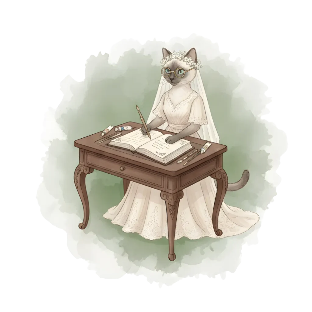 Watercolor illustration of Leïa the Siamese cat, Everley and Sage wedding guest book organization and strategy expert.