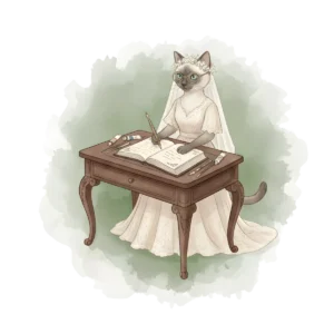 Watercolor illustration of Leïa the Siamese cat, Everley and Sage wedding guest book organization and strategy expert.