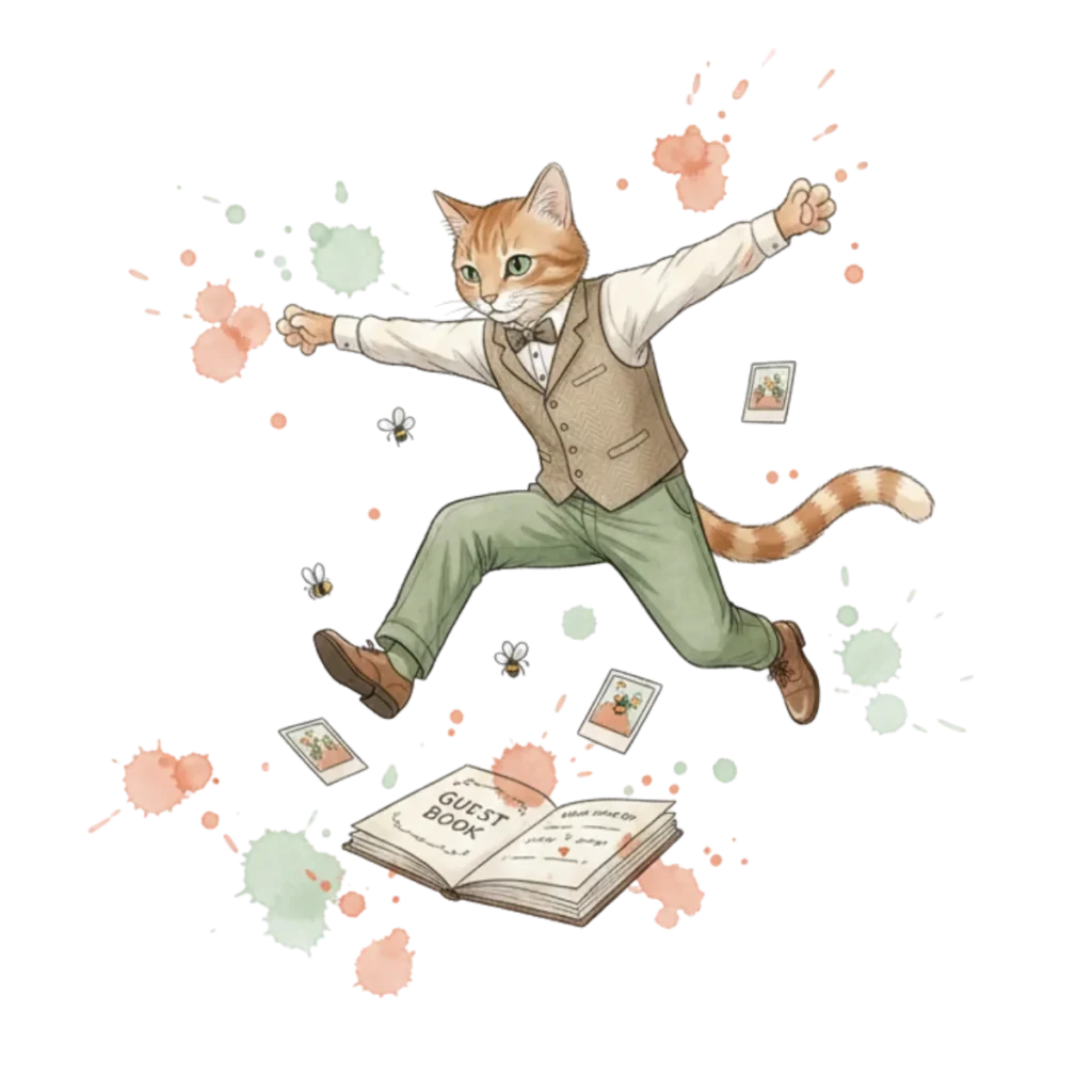 Ginger cat illustration Newton Everley and Sage, interactive wedding guest book ideas and photo challenges.